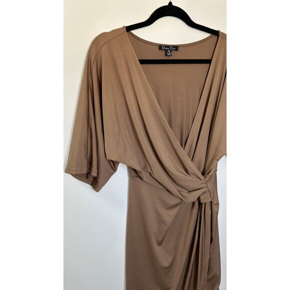 Dressy Day Brown Short Sleeve Drape Crossover Stretchy Midi Dress, Size M - Picture 2 of 5